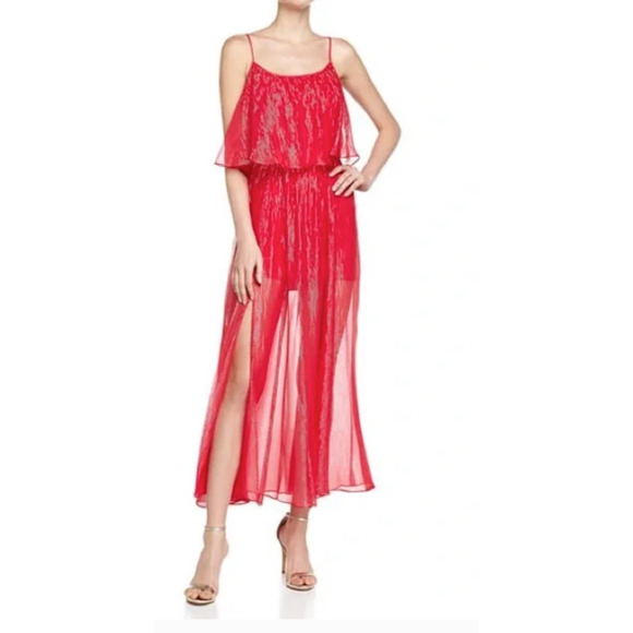 NEW Halston Heritage Tiered Dress Rose Pink Sparkle Gown Metallic Sheer ~4 - Picture 1 of 7